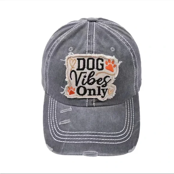 Boho black vintage washed “Dog Vibes only” baseball cap display picture 2